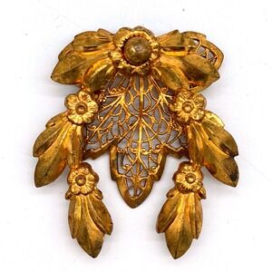 Vintage Gold Tone Floral‎ Filigree Brooch Fixed Drop Design Statement Pin